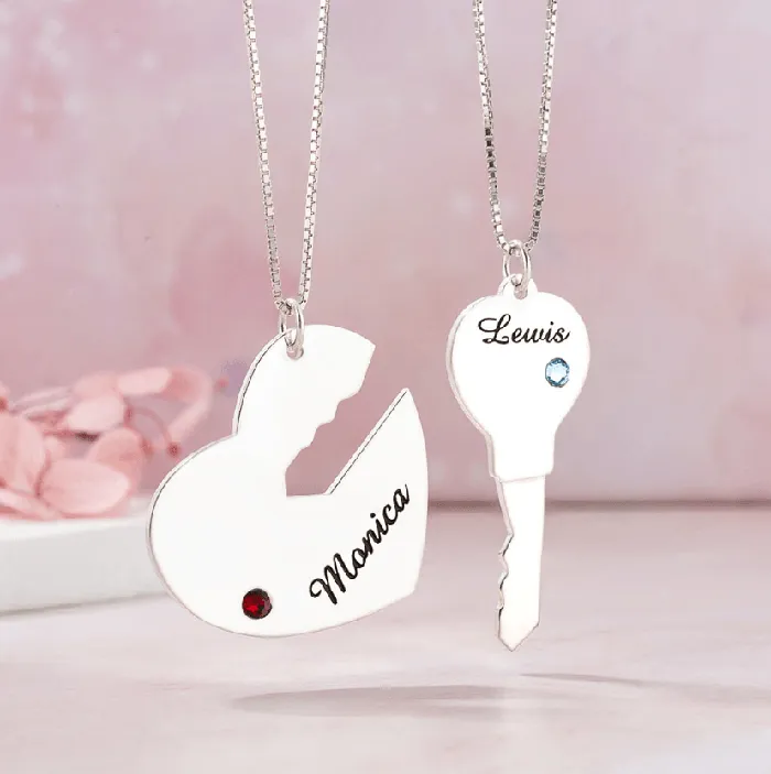 Personalized Key to My Heart Couple Necklace Set with Custom Names Birthstones Sterling Silver Gold Platinum Gift for Him Her Belbren Necklaces Personalized Key to My Heart Couple Necklace Set with Custom Names Birthstones Sterling Silver Gold Platinum Gift for Him Her Belbren Necklaces