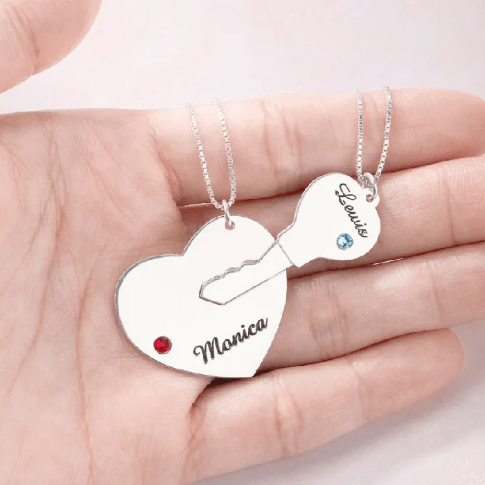 Personalized Key to My Heart Couple Necklace Set with Custom Names Birthstones Sterling Silver Gold Platinum Gift for Him Her Belbren Necklaces