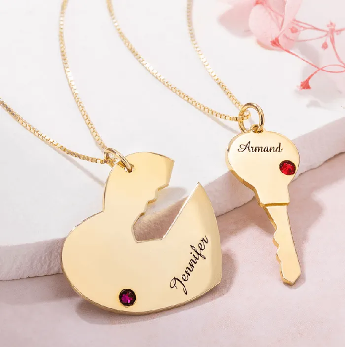 Personalized Key to My Heart Couple Necklace Set with Custom Names Birthstones Sterling Silver Gold Platinum Gift for Him Her Belbren Necklaces