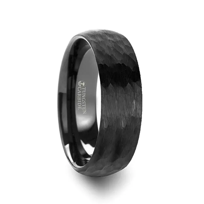 Rings Mens Bands Domed Hammer Finish Black Tungsten Carbide Band