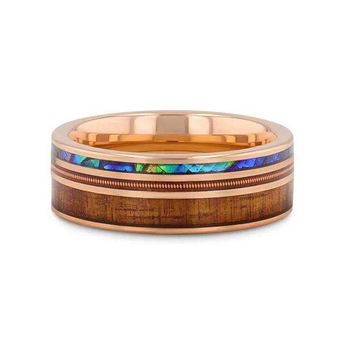 Rings Mens Bands Smoked Rose Gold Tungsten Ring with Hawaiian Koa Wood Abalone and Guitar String Rings Mens Bands Smoked Rose Gold Tungsten Ring with Hawaiian Koa Wood Abalone and Guitar String