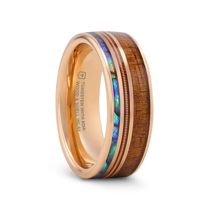 Rings Mens Bands Smoked Rose Gold Tungsten Ring with Hawaiian Koa Wood Abalone and Guitar String Rings Mens Bands Smoked Rose Gold Tungsten Ring with Hawaiian Koa Wood Abalone and Guitar String