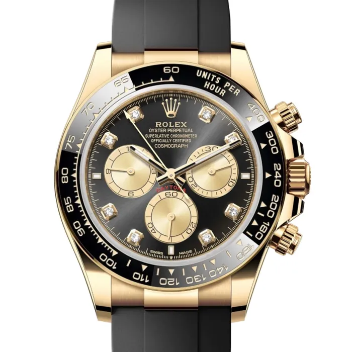 Rolex Bracelets Rolex Cosmograph Daytona 40mm Ref 126518LN Bright Black Champagne Diamond Dial Ceramic Bezel 18K Yellow Gold Case Black Oysterflex Bracelet Mens Watch