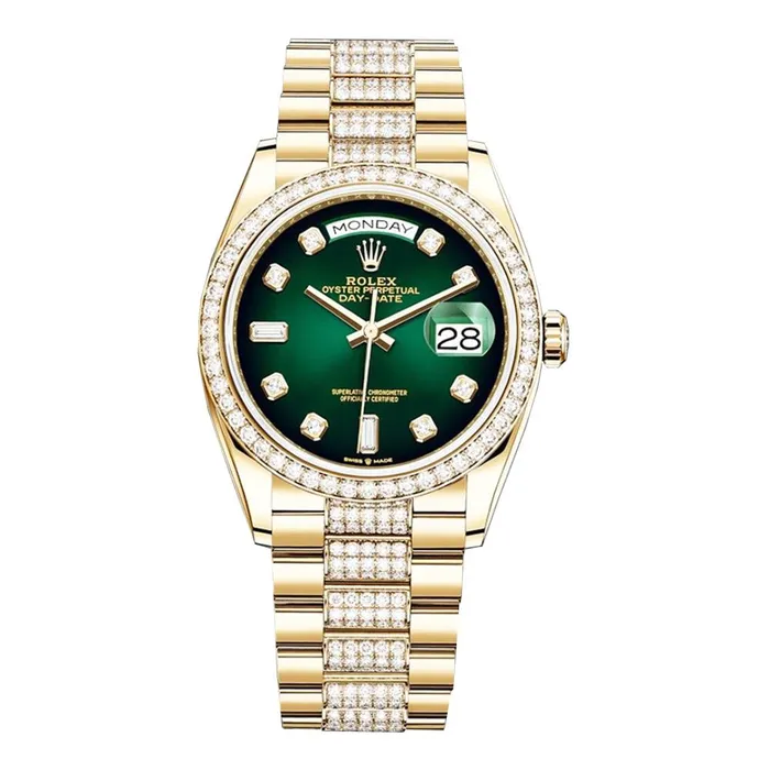 Rolex Bracelets Rolex Day Date 36mm Ref 128348rbr0036 Green Ombre Diamond Dial Diamond Bezel 18K Yellow Gold Diamonds President Bracelet Watch Rolex Bracelets Rolex Day Date 36mm Ref 128348rbr0036 Green Ombre Diamond Dial Diamond Bezel 18K Yellow Gold Diamonds President Bracelet Watch