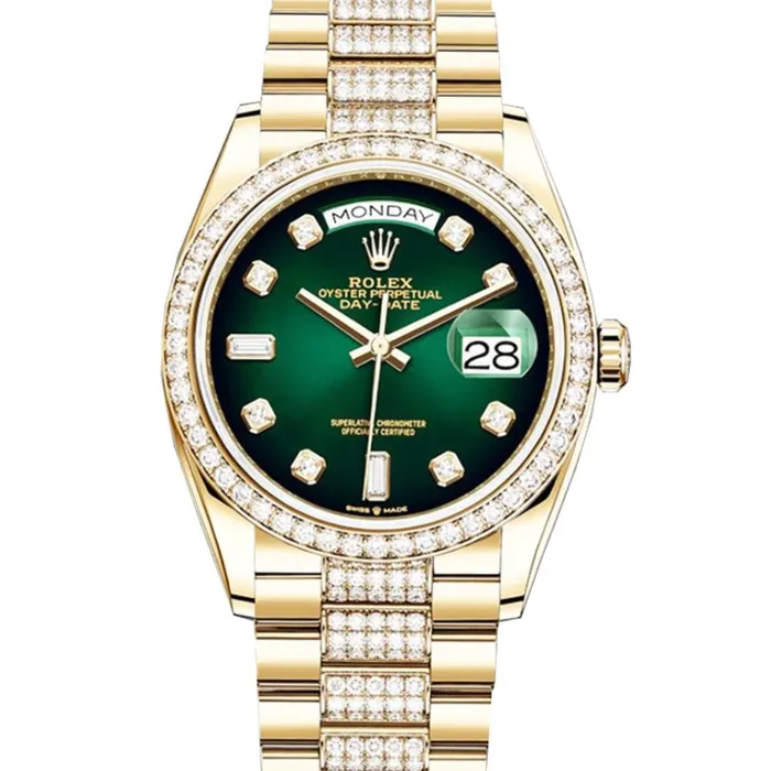 Rolex Bracelets Rolex Day Date 36mm Ref 128348rbr0036 Green Ombre Diamond Dial Diamond Bezel 18K Yellow Gold Diamonds President Bracelet Watch