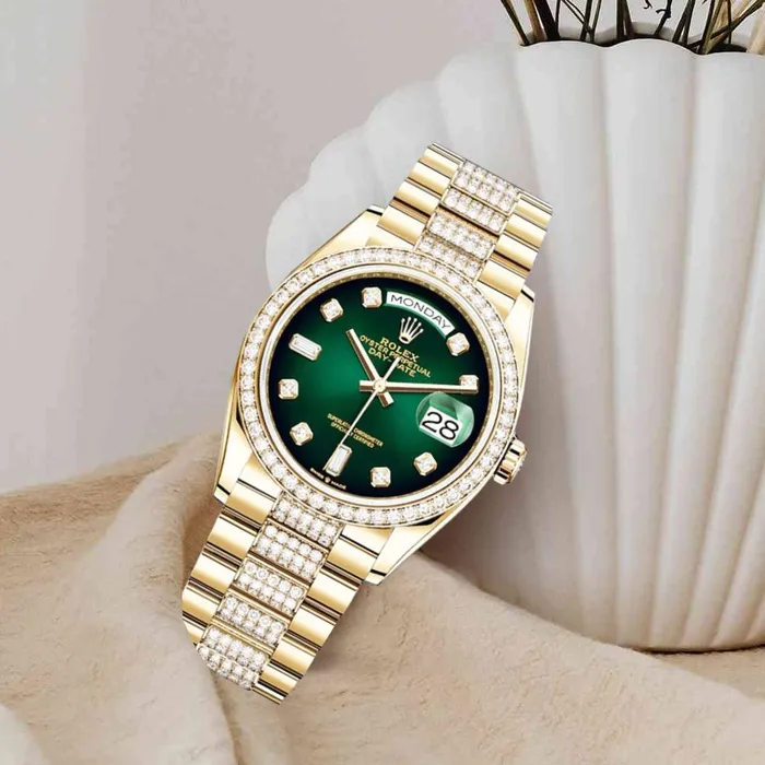 Rolex Bracelets Rolex Day Date 36mm Ref 128348rbr0036 Green Ombre Diamond Dial Diamond Bezel 18K Yellow Gold Diamonds President Bracelet Watch