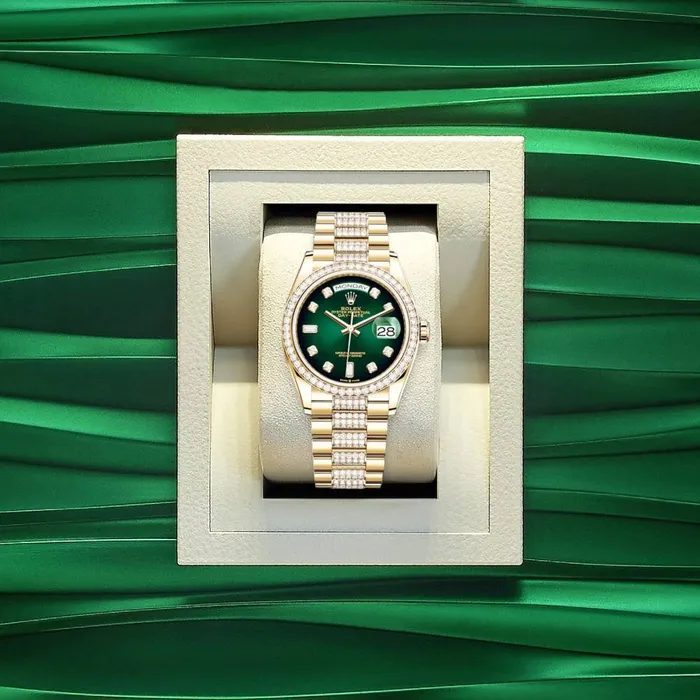 Rolex Bracelets Rolex Day Date 36mm Ref 128348rbr0036 Green Ombre Diamond Dial Diamond Bezel 18K Yellow Gold Diamonds President Bracelet Watch