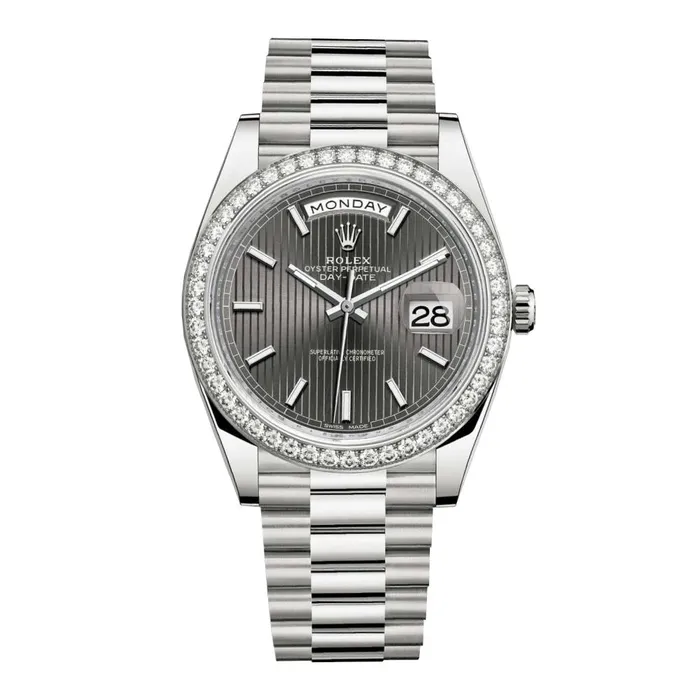 Rolex Bracelets Rolex Day Date 40mm Ref 228349rbr0008 Dark Rhodium Stripe Motif Stick Dial Diamond Bezel 18K White Gold President Bracelet Mens Watch Rolex Bracelets Rolex Day Date 40mm Ref 228349rbr0008 Dark Rhodium Stripe Motif Stick Dial Diamond Bezel 18K White Gold President Bracelet Mens Watch