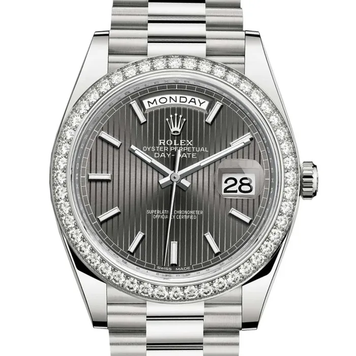 Rolex Bracelets Rolex Day Date 40mm Ref 228349rbr0008 Dark Rhodium Stripe Motif Stick Dial Diamond Bezel 18K White Gold President Bracelet Mens Watch