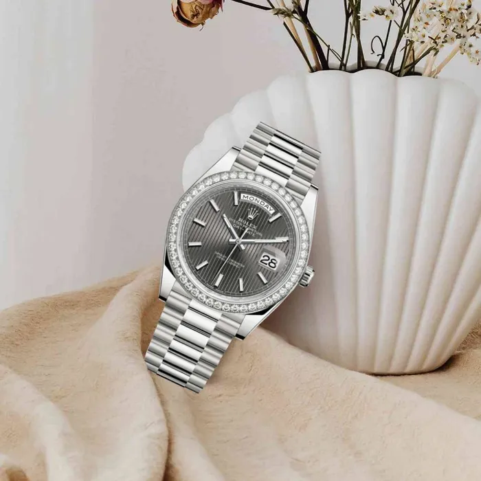 Rolex Bracelets Rolex Day Date 40mm Ref 228349rbr0008 Dark Rhodium Stripe Motif Stick Dial Diamond Bezel 18K White Gold President Bracelet Mens Watch