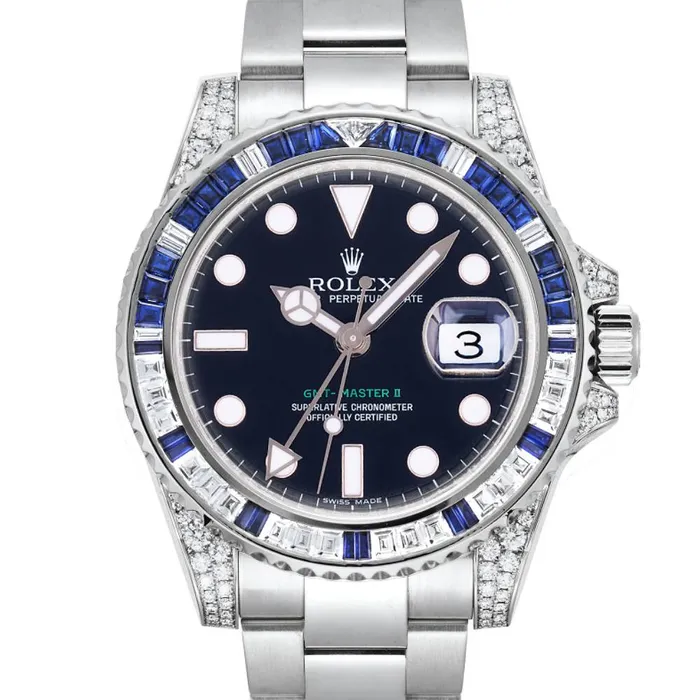 Rolex Bracelets Rolex GMTMaster II 40mm Ref 116759SA Black Dial Diamond Sapphire Bezel Diamond Case 18K White Gold Oyster Bracelet Mens Watch