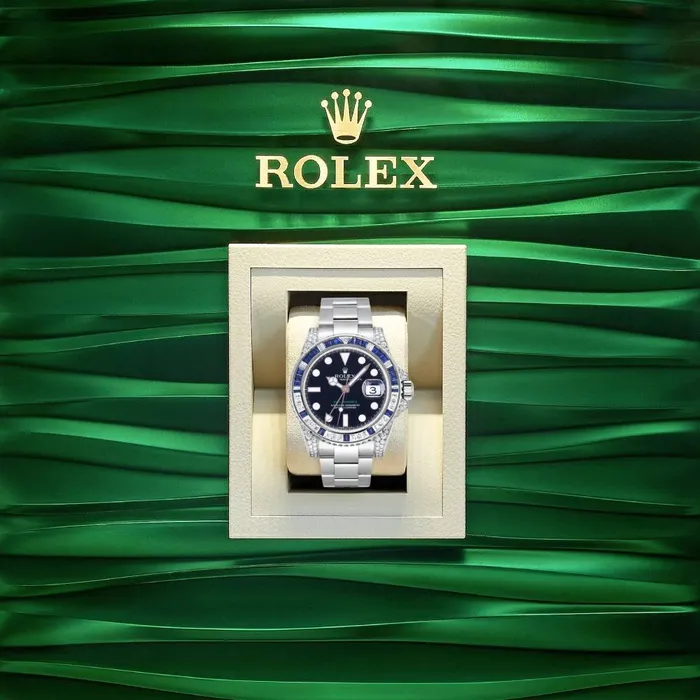 Rolex Bracelets Rolex GMTMaster II 40mm Ref 116759SA Black Dial Diamond Sapphire Bezel Diamond Case 18K White Gold Oyster Bracelet Mens Watch