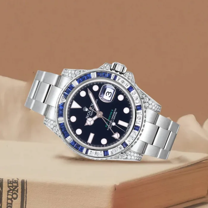 Rolex Bracelets Rolex GMTMaster II 40mm Ref 116759SA Black Dial Diamond Sapphire Bezel Diamond Case 18K White Gold Oyster Bracelet Mens Watch