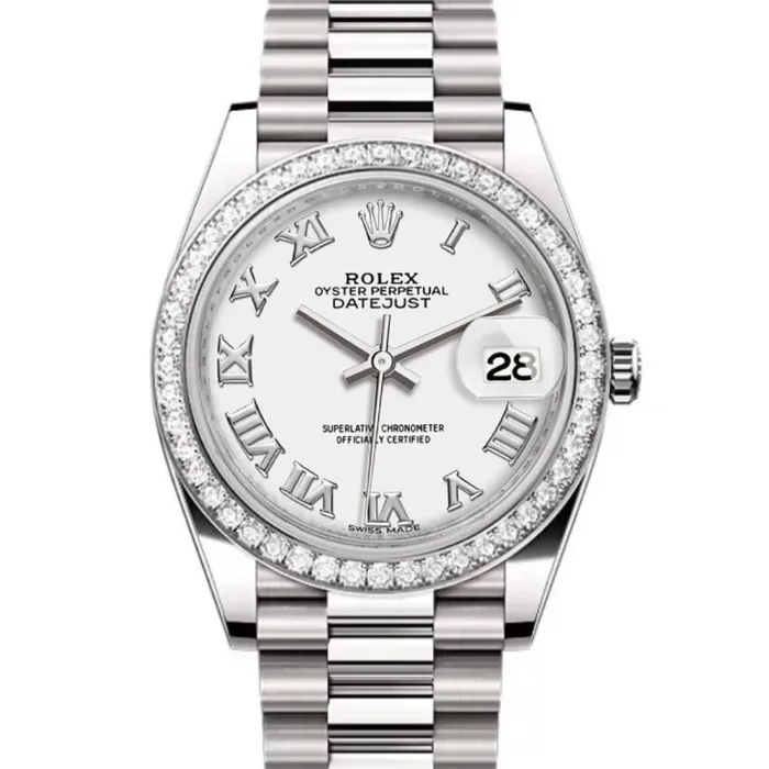 Rolex Bracelets Rolex LadyDatejust 28mm Ref 279136RBR wrp White Roman Dial Diamond Bezel Platinum Presidential Bracelet Womens Watch