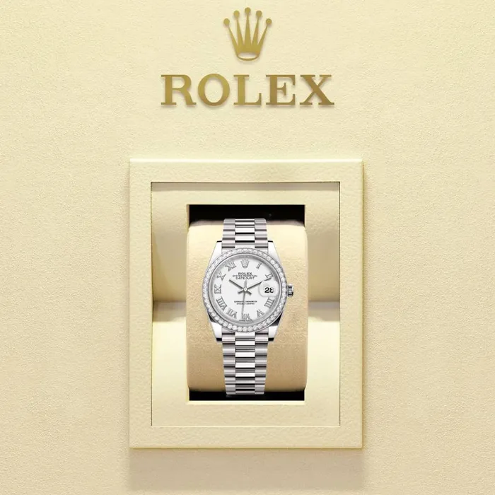 Rolex Bracelets Rolex LadyDatejust 28mm Ref 279136RBR wrp White Roman Dial Diamond Bezel Platinum Presidential Bracelet Womens Watch