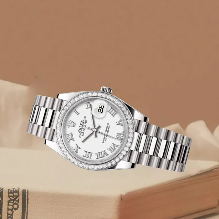 Rolex Bracelets Rolex LadyDatejust 28mm Ref 279136RBR wrp White Roman Dial Diamond Bezel Platinum Presidential Bracelet Womens Watch