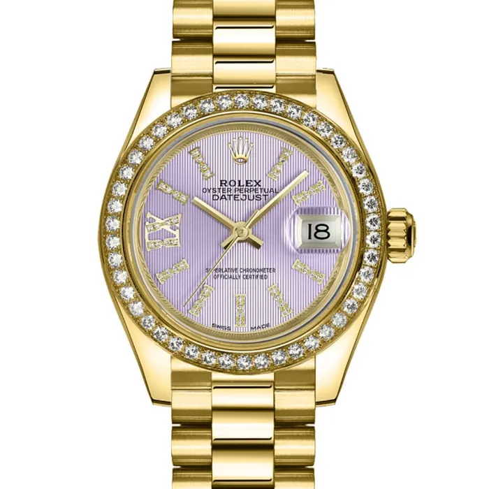 Rolex Lady Datejust 28mm Ref 279138rbr0010 Purple Dial 18K Yellow Gold President Bracelet Womens Watch Rolex Bracelets
