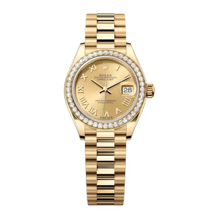 Rolex LadyDatejust 28mm Ref 279138rbr0021 Champagne Roman Dial Diamond Bezel 18K Yellow Gold Presidential Bracelet Womens Watch Rolex Bracelets Rolex LadyDatejust 28mm Ref 279138rbr0021 Champagne Roman Dial Diamond Bezel 18K Yellow Gold Presidential Bracelet Womens Watch Rolex Bracelets