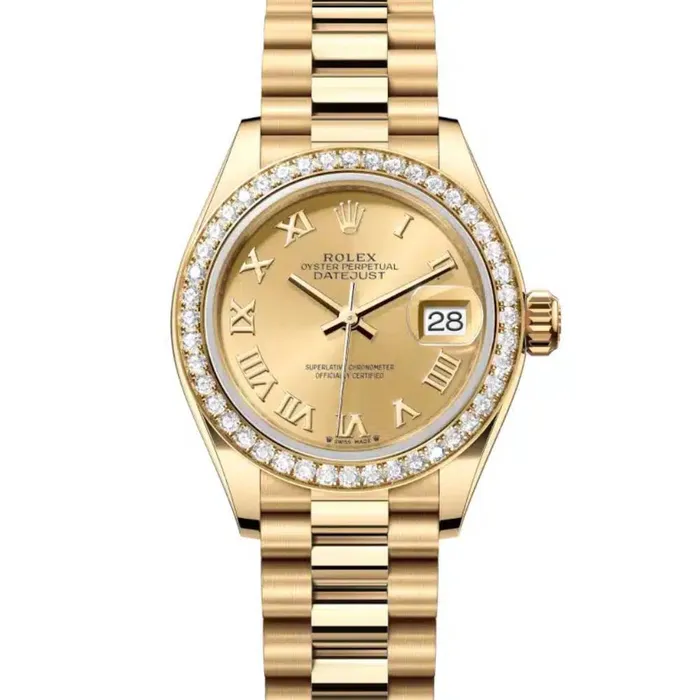 Rolex LadyDatejust 28mm Ref 279138rbr0021 Champagne Roman Dial Diamond Bezel 18K Yellow Gold Presidential Bracelet Womens Watch Rolex Bracelets