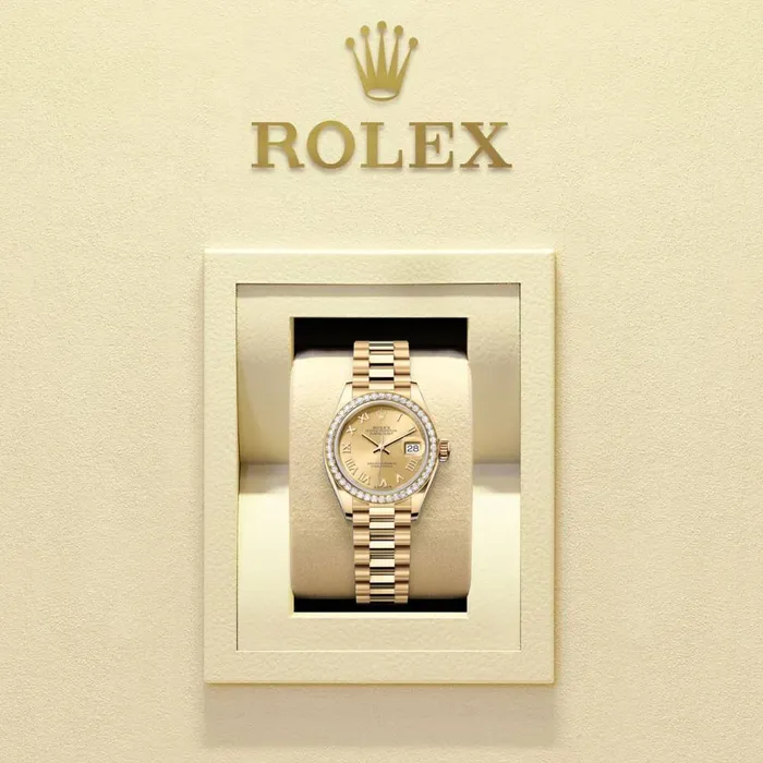 Rolex LadyDatejust 28mm Ref 279138rbr0021 Champagne Roman Dial Diamond Bezel 18K Yellow Gold Presidential Bracelet Womens Watch Rolex Bracelets