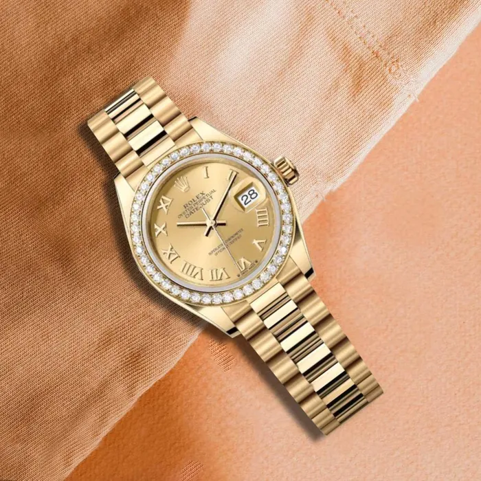 Rolex LadyDatejust 28mm Ref 279138rbr0021 Champagne Roman Dial Diamond Bezel 18K Yellow Gold Presidential Bracelet Womens Watch Rolex Bracelets