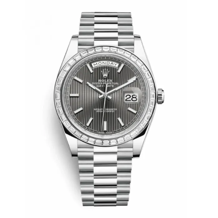 Rolex Rolex Day Date 40mm Ref 228396tbr0023 Dark Rhodium Stripe Motif Stick Dial Diamond Bezel Platinum President Bracelet Mens Watch Bracelets Rolex Rolex Day Date 40mm Ref 228396tbr0023 Dark Rhodium Stripe Motif Stick Dial Diamond Bezel Platinum President Bracelet Mens Watch Bracelets