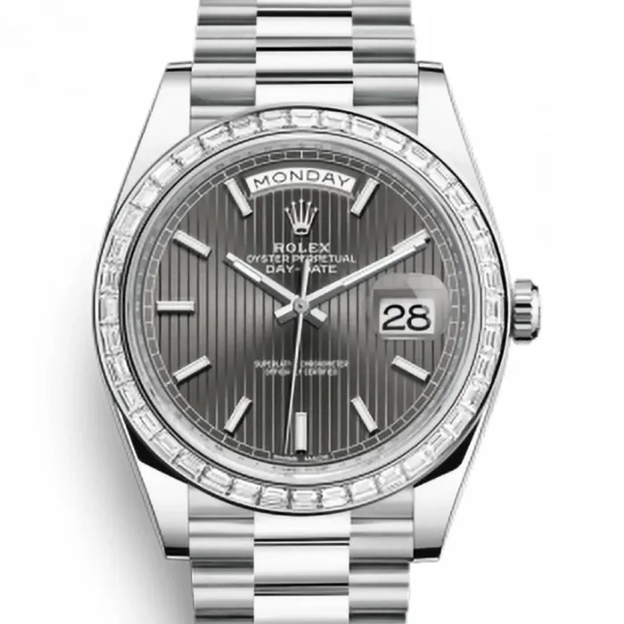 Rolex Rolex Day Date 40mm Ref 228396tbr0023 Dark Rhodium Stripe Motif Stick Dial Diamond Bezel Platinum President Bracelet Mens Watch Bracelets