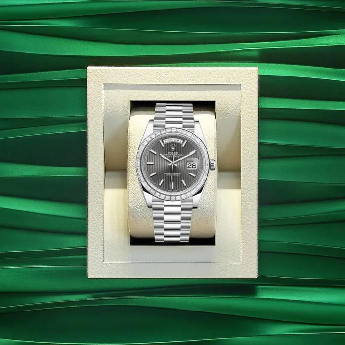 Rolex Rolex Day Date 40mm Ref 228396tbr0023 Dark Rhodium Stripe Motif Stick Dial Diamond Bezel Platinum President Bracelet Mens Watch Bracelets