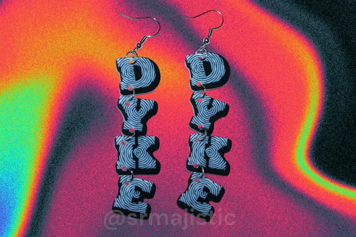 Sam Makes Things Earrings Dyke Dangle Swirly Letters Handmade Earrings