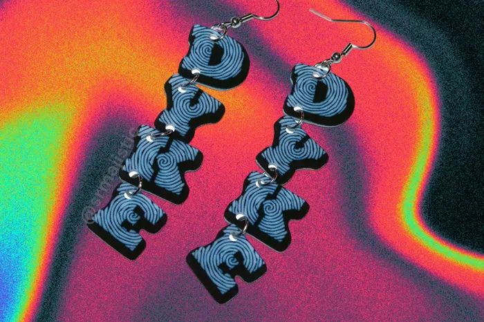 Sam Makes Things Earrings Dyke Dangle Swirly Letters Handmade Earrings