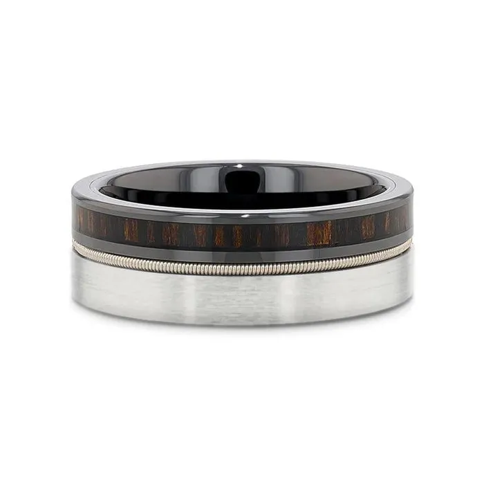 Tungsten and Black Ceramic Hybird Ring with Steel Guitar String Ebony Wood and Black Ceramic Interior Mens Bands Rings Tungsten and Black Ceramic Hybird Ring with Steel Guitar String Ebony Wood and Black Ceramic Interior Mens Bands Rings