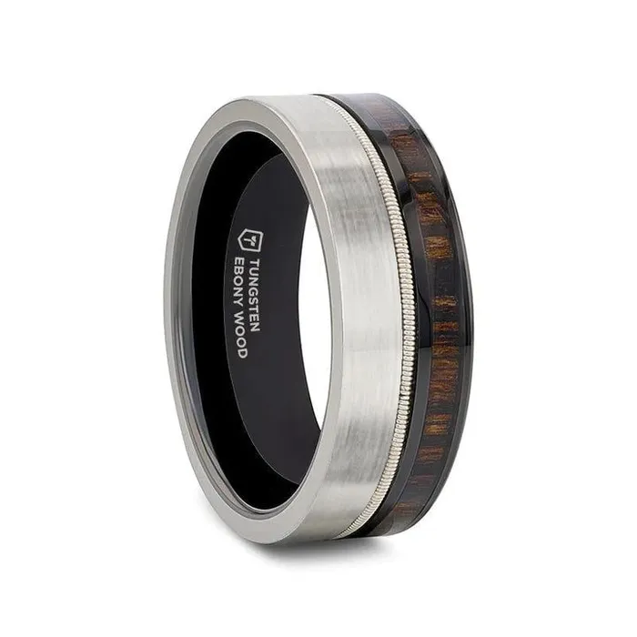 Tungsten and Black Ceramic Hybird Ring with Steel Guitar String Ebony Wood and Black Ceramic Interior Mens Bands Rings Tungsten and Black Ceramic Hybird Ring with Steel Guitar String Ebony Wood and Black Ceramic Interior Mens Bands Rings