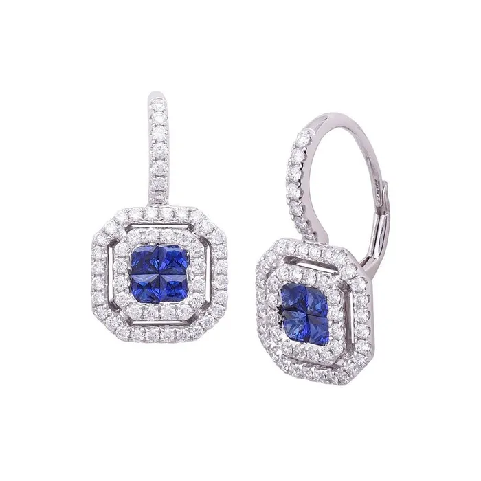 Blue Princess Sapphire And Natural Earth Mined Diamond Drop Earring Gold 14K 230 Ct GB Earrings Blue Princess Sapphire And Natural Earth Mined Diamond Drop Earring Gold 14K 230 Ct GB Earrings