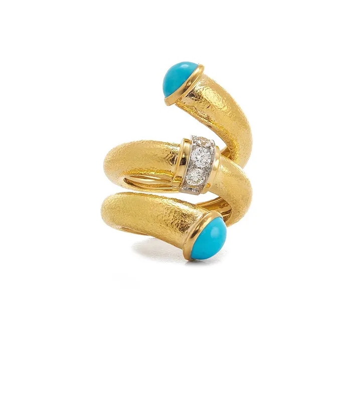 David Webb Rings Turquoise Pipe Ring Hammered 18K Gold