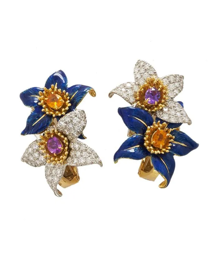 Earrings David Webb Bloom Earrings Blue Enamel