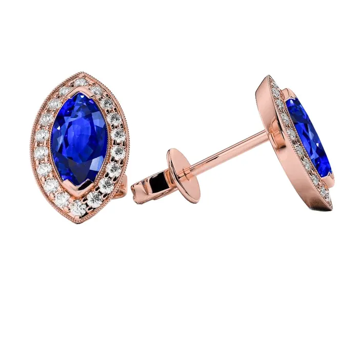 Earrings GB Sri Lanka Sapphire Stud Earring 4 Carats Halo Natural Earth Mined Diamonds Rose Gold 14K Earrings GB Sri Lanka Sapphire Stud Earring 4 Carats Halo Natural Earth Mined Diamonds Rose Gold 14K