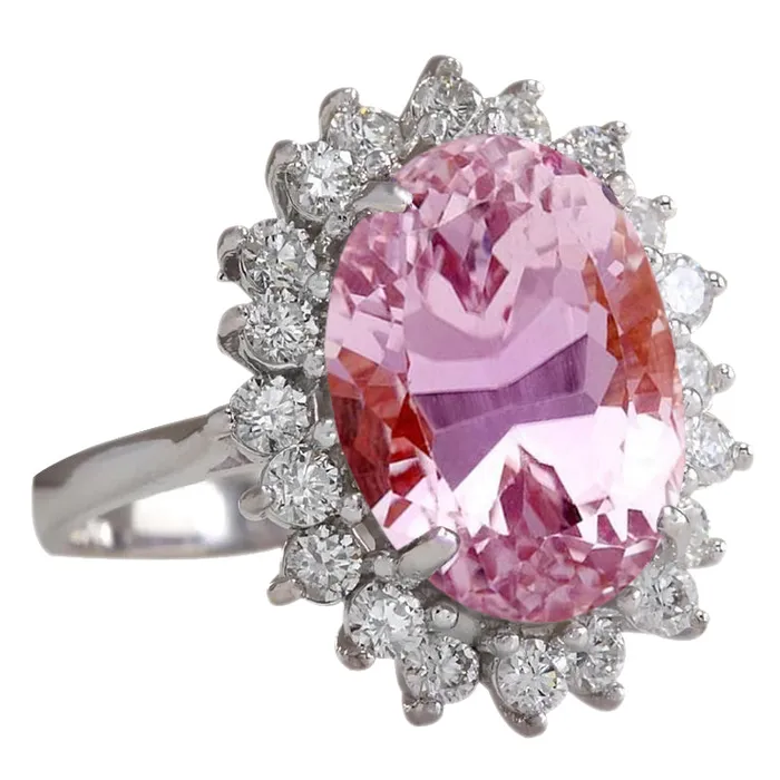 GB 2925 Carats Oval Kunzite And Round Natural Earth Mined Diamonds Ring 14K White Gold New Rings GB 2925 Carats Oval Kunzite And Round Natural Earth Mined Diamonds Ring 14K White Gold New Rings