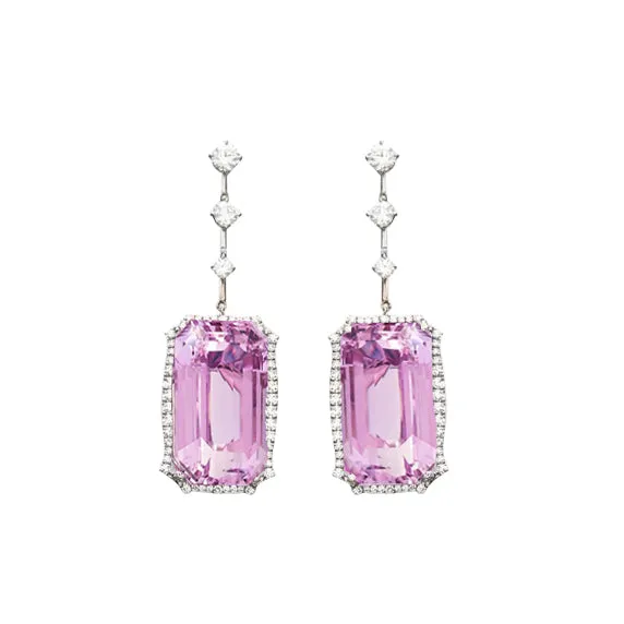 GB Earrings 3708 Ct Pink Kunzite With Natural Earth Mined Diamonds Dangle Earrings White Gold 14K GB Earrings 3708 Ct Pink Kunzite With Natural Earth Mined Diamonds Dangle Earrings White Gold 14K