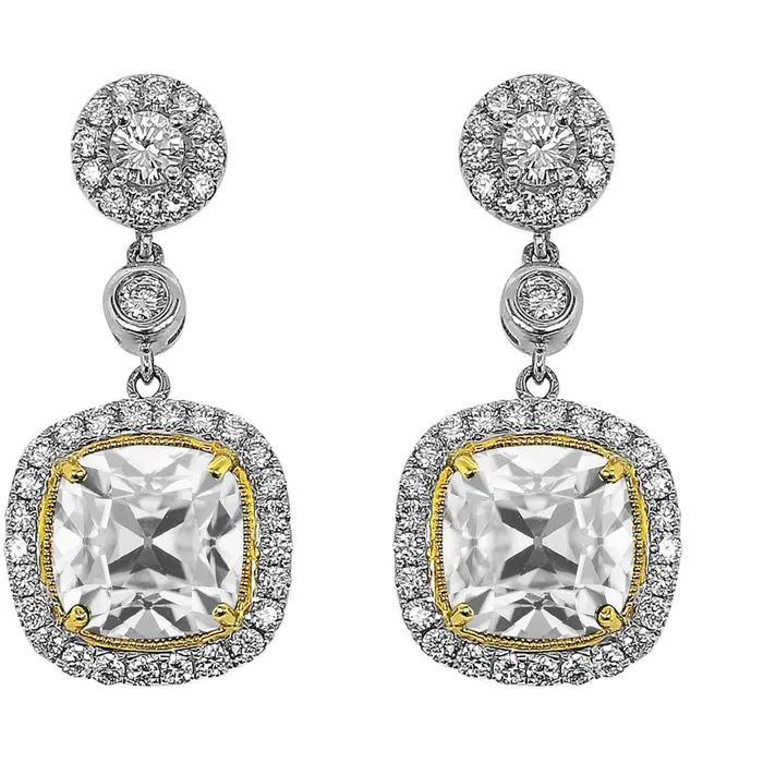 HarryChadEntcom Earrings Two Tone Cushion Old Cut 11 Carats Gold Natural Earth Mined Diamond Halo Dangle Earrings HarryChadEntcom Earrings Two Tone Cushion Old Cut 11 Carats Gold Natural Earth Mined Diamond Halo Dangle Earrings