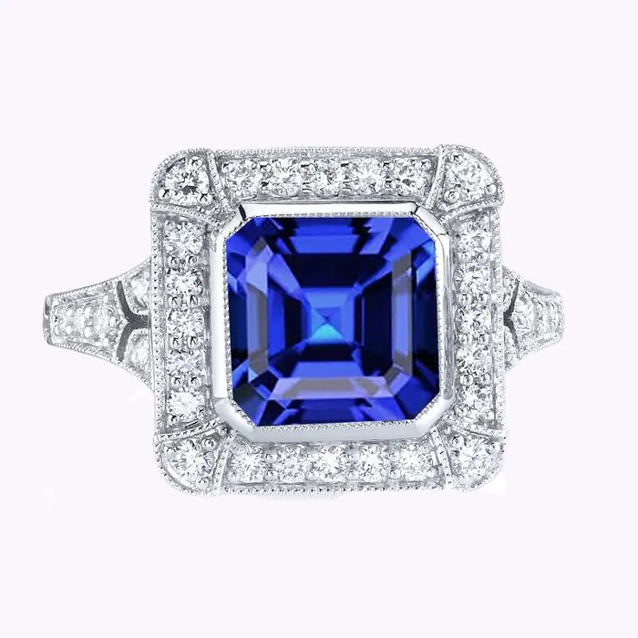 HarryChadEntcom Rings Halo Natural Earth Mined Diamond Sapphire Ring Asscher Bezel Set Milgrain Shank 4 Carats HarryChadEntcom Rings Halo Natural Earth Mined Diamond Sapphire Ring Asscher Bezel Set Milgrain Shank 4 Carats