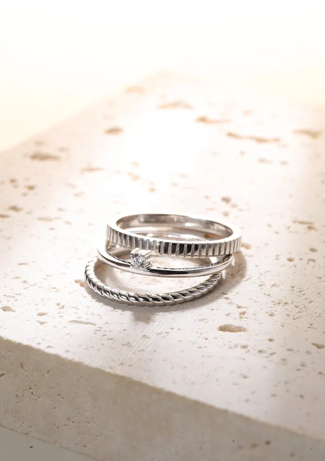 Hey Happiness Triple Textured Ring Set Sterling Silver Rings