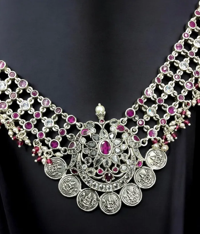 Necklaces The Sayari Silver Lakshmi Coin Necklace Red Oxidised Silversmith
