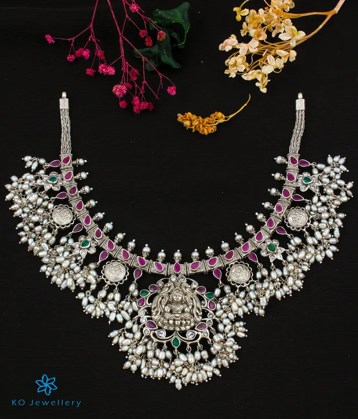 Silversmith Necklaces The Kamakshi Silver Lakshmi Guttapusalu Coin Necklace Silversmith Necklaces The Kamakshi Silver Lakshmi Guttapusalu Coin Necklace