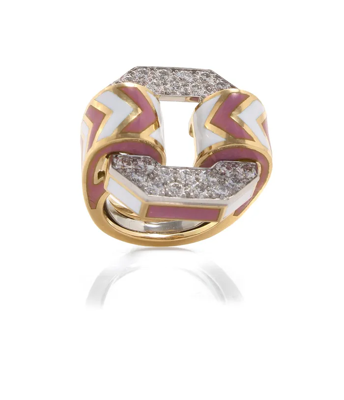 Small Chevron Ring Pink and White Enamel David Webb Rings