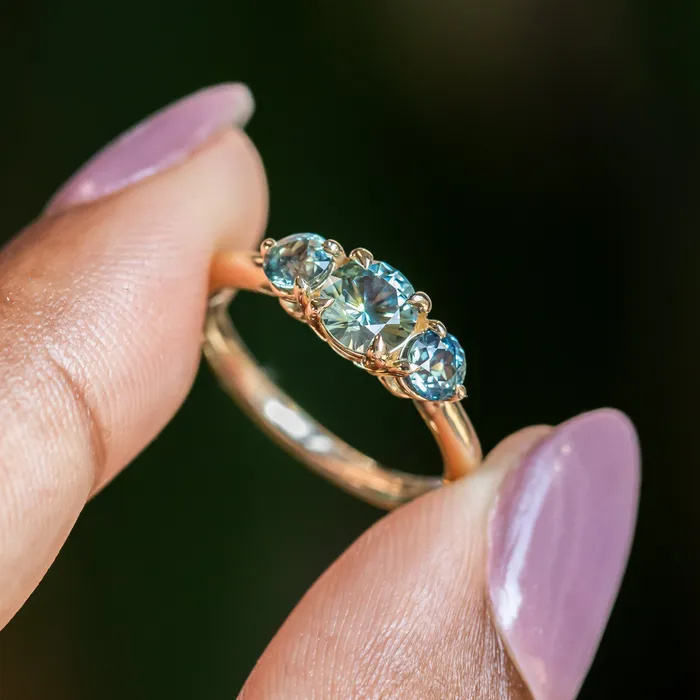 075ct Round Montana Sapphire and 070ct Round Madagascar Sapphires Three Stone Ring in 14K Yellow Gold Discovery Gems Rings