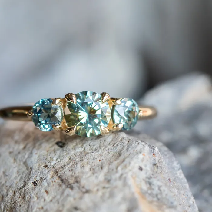 075ct Round Montana Sapphire and 070ct Round Madagascar Sapphires Three Stone Ring in 14K Yellow Gold Discovery Gems Rings