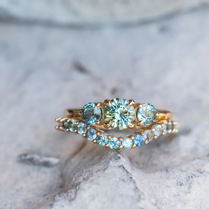 075ct Round Montana Sapphire and 070ct Round Madagascar Sapphires Three Stone Ring in 14K Yellow Gold Discovery Gems Rings