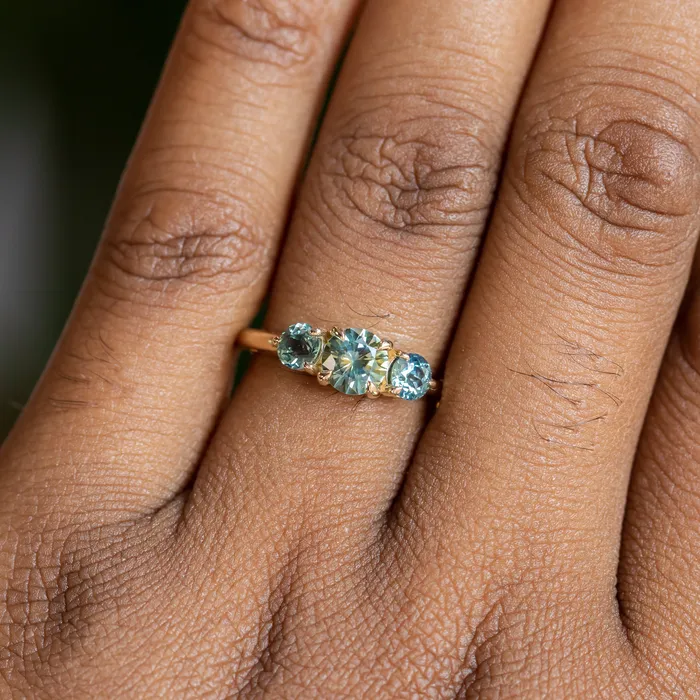 075ct Round Montana Sapphire and 070ct Round Madagascar Sapphires Three Stone Ring in 14K Yellow Gold Discovery Gems Rings