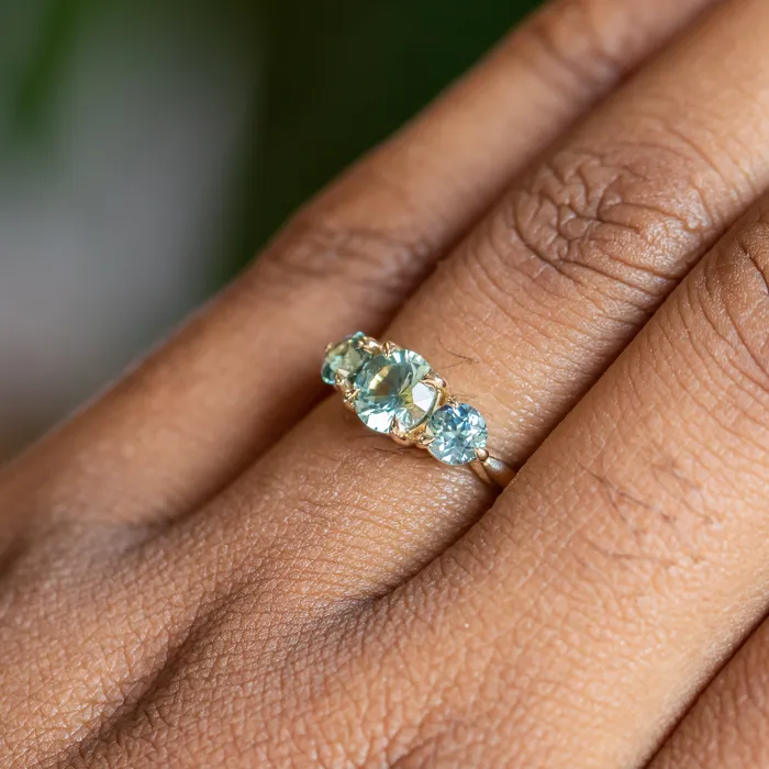 075ct Round Montana Sapphire and 070ct Round Madagascar Sapphires Three Stone Ring in 14K Yellow Gold Discovery Gems Rings