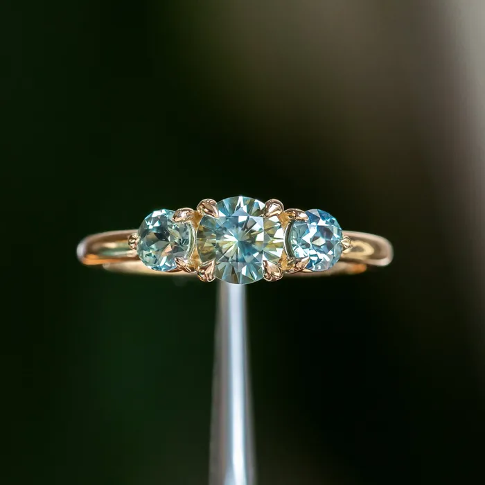 075ct Round Montana Sapphire and 070ct Round Madagascar Sapphires Three Stone Ring in 14K Yellow Gold Discovery Gems Rings